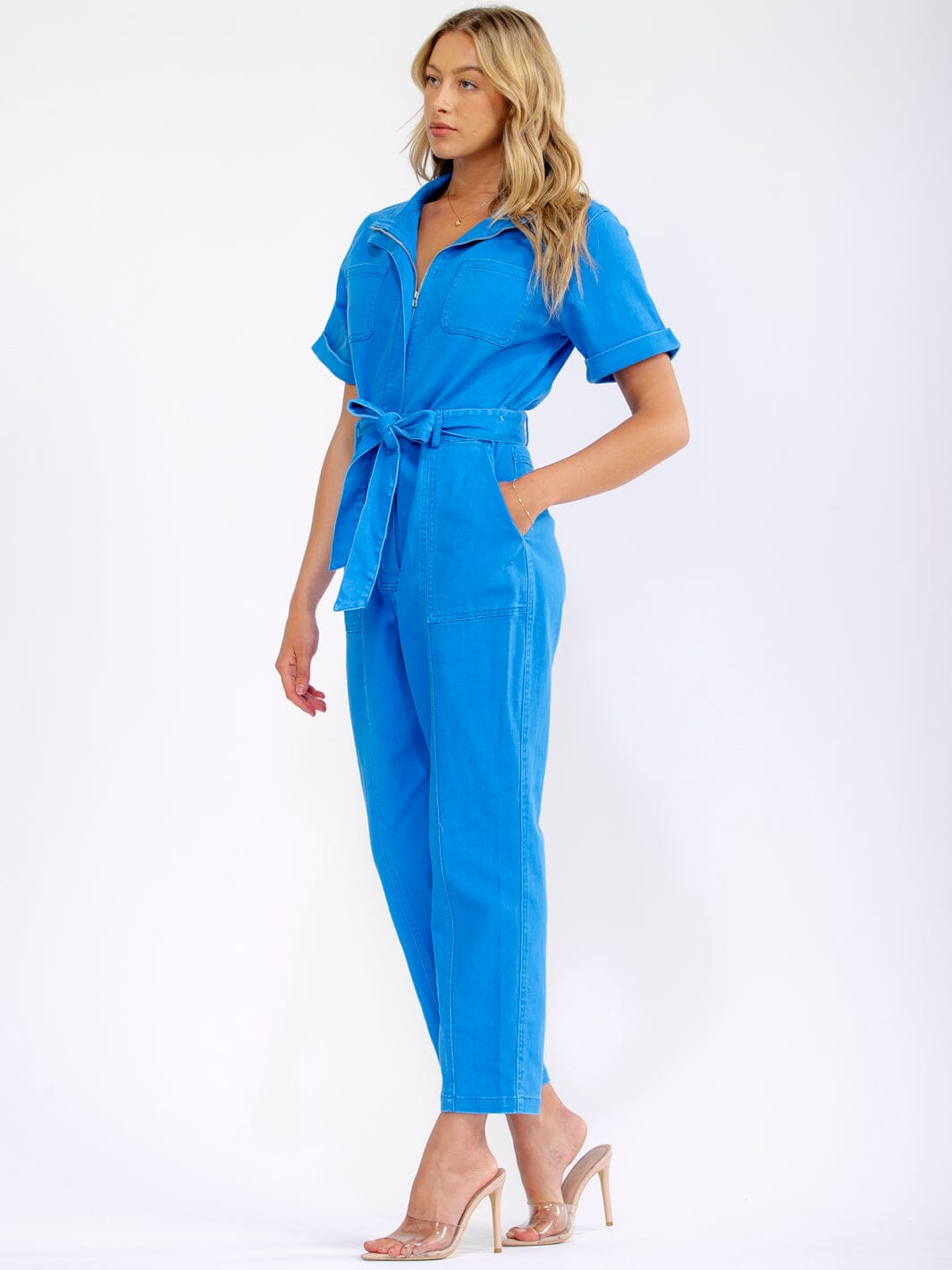 WOMEN'S SHORT SLEEVE ZIP UP POCKETS SELF TIE STRETCH DENIM SKINNY LEG JUMPSUIT