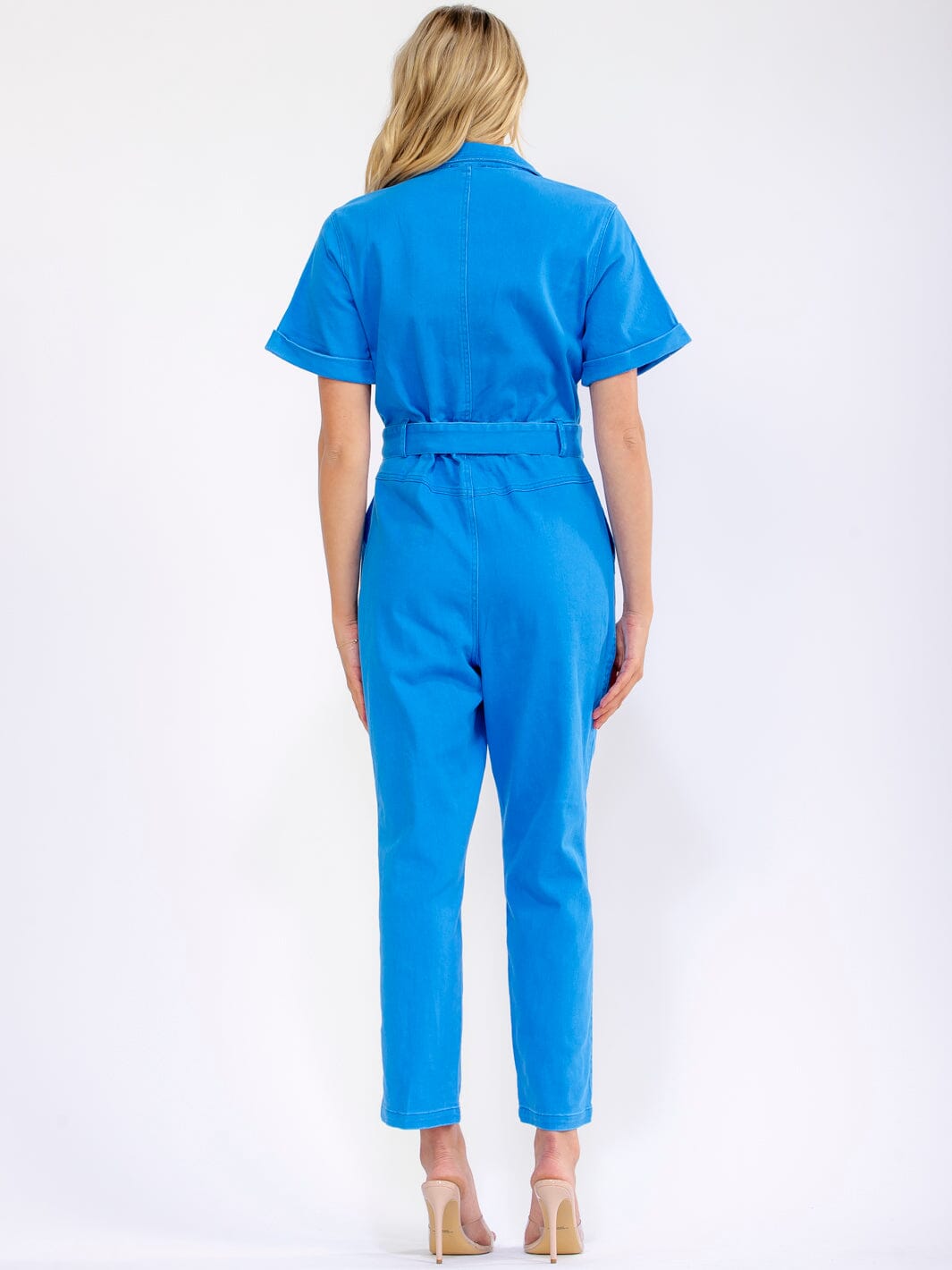 WOMEN'S SHORT SLEEVE ZIP UP POCKETS SELF TIE STRETCH DENIM SKINNY LEG JUMPSUIT
