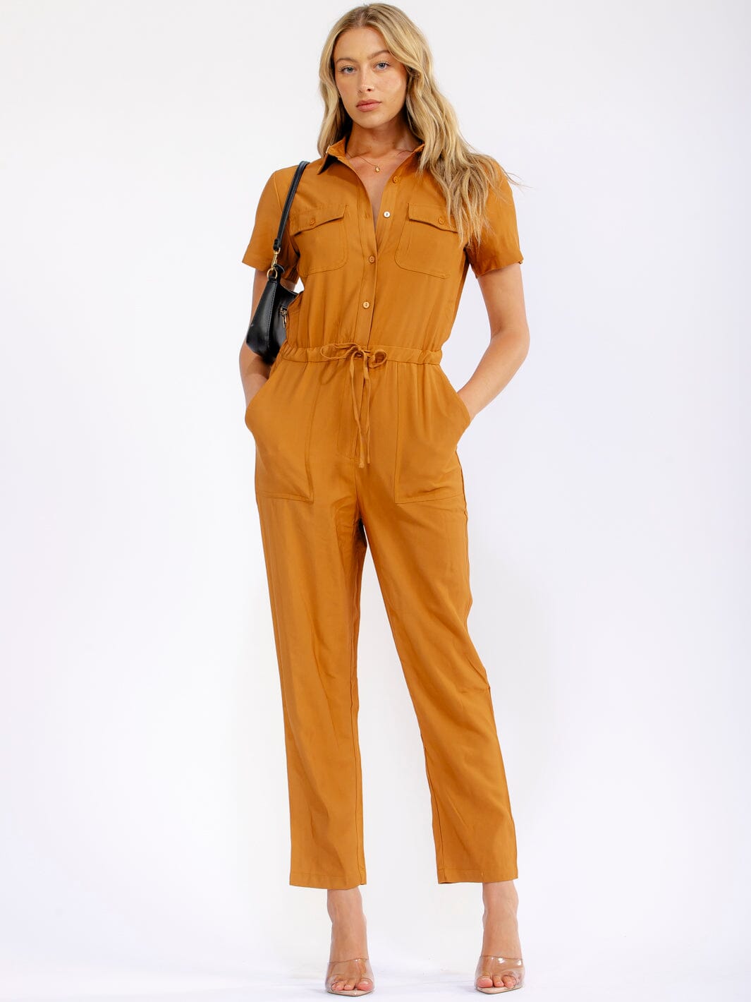 WOMEN'S SHORT SLEEVE BUTTON UP POCKETS SKINNY LEG JUMPSUIT