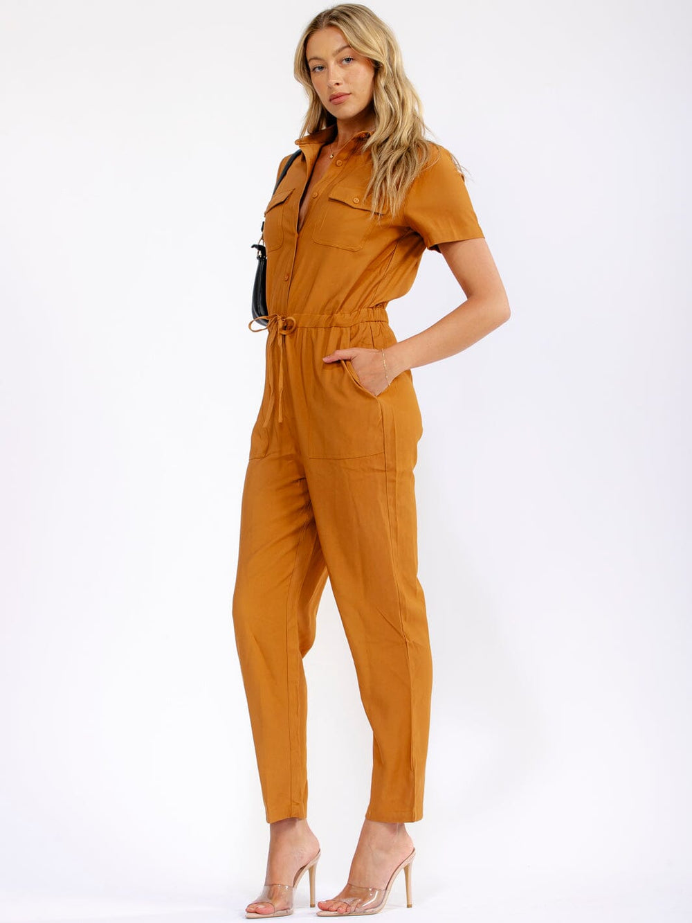 WOMEN'S SHORT SLEEVE BUTTON UP POCKETS SKINNY LEG JUMPSUIT