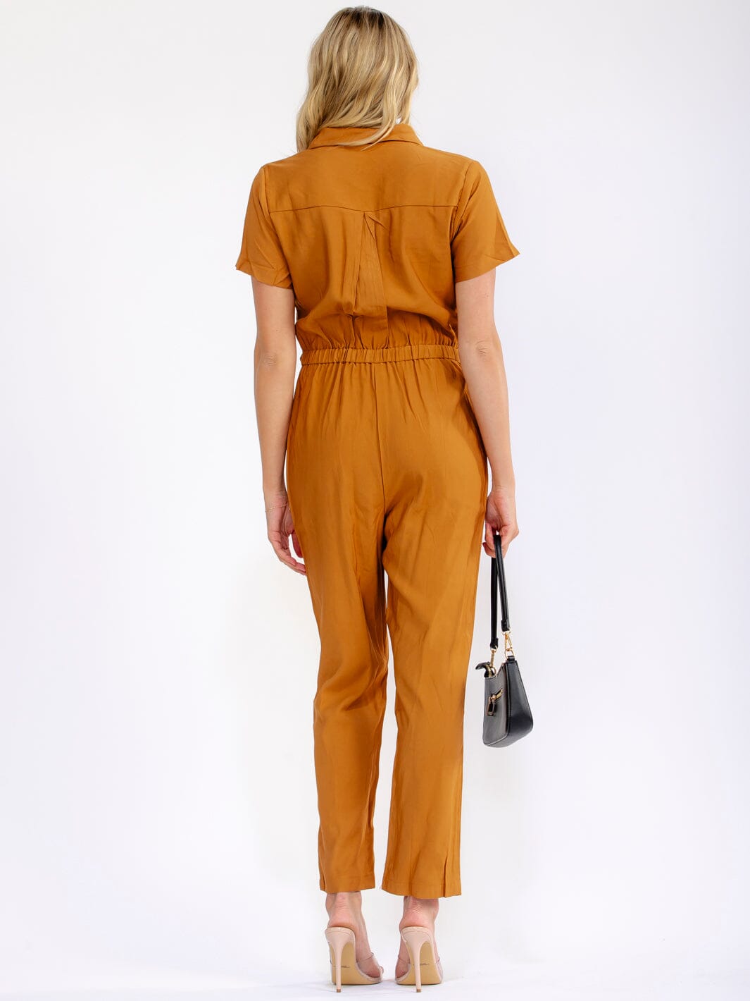 WOMEN'S SHORT SLEEVE BUTTON UP POCKETS SKINNY LEG JUMPSUIT