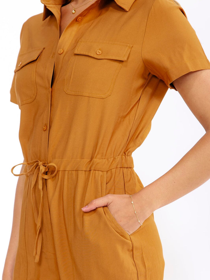WOMEN'S SHORT SLEEVE BUTTON UP POCKETS SKINNY LEG JUMPSUIT