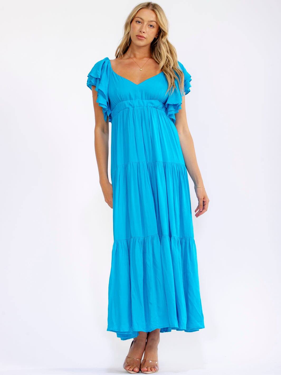 WOMEN'S SHORT SLEEVE V-NECK OPEN BACK TIERED MAXI DRESS