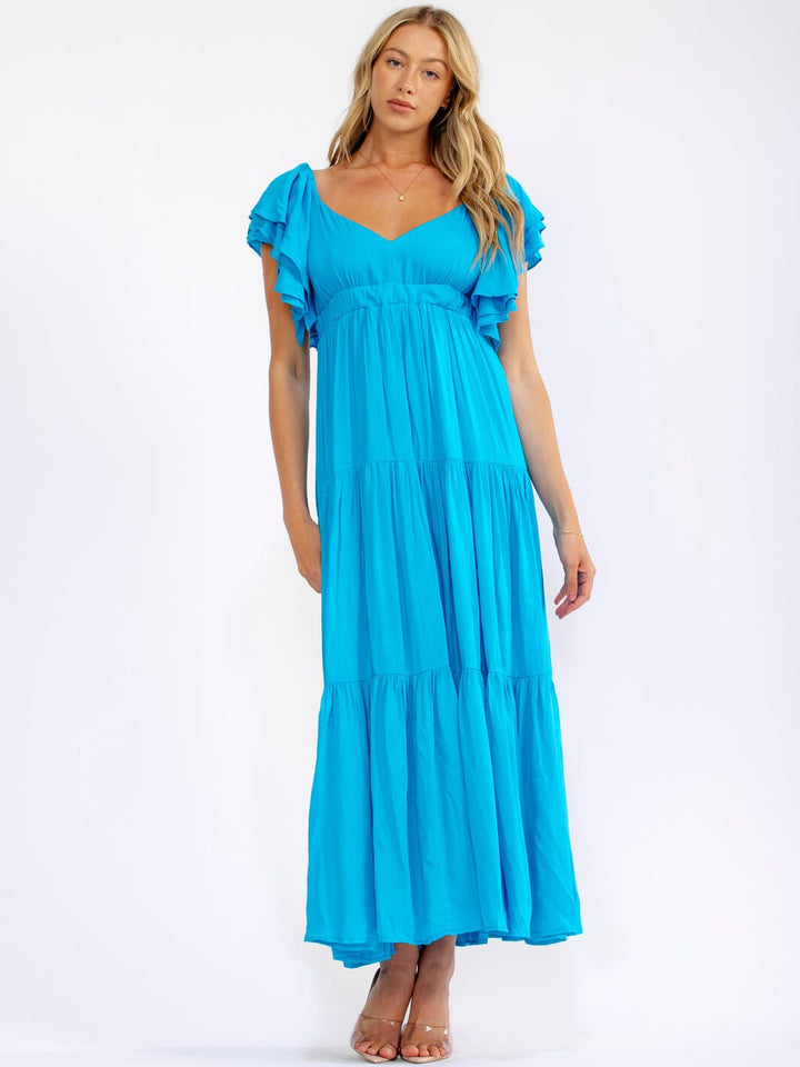 WOMEN'S SHORT SLEEVE V-NECK OPEN BACK TIERED MAXI DRESS