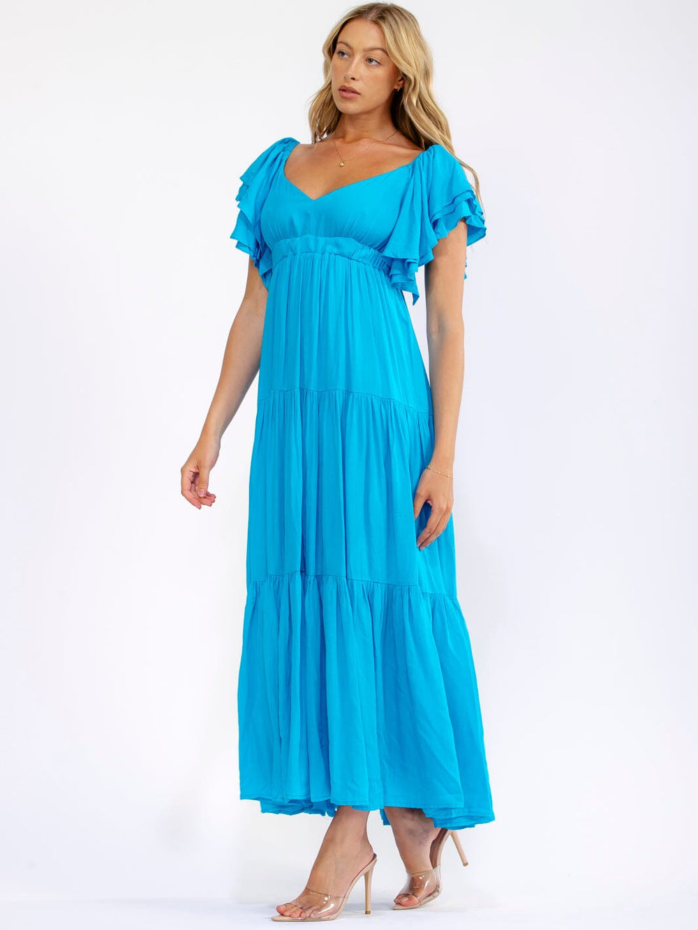 WOMEN'S SHORT SLEEVE V-NECK OPEN BACK TIERED MAXI DRESS