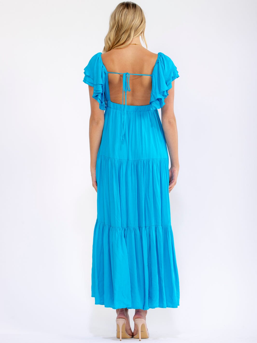 WOMEN'S SHORT SLEEVE V-NECK OPEN BACK TIERED MAXI DRESS