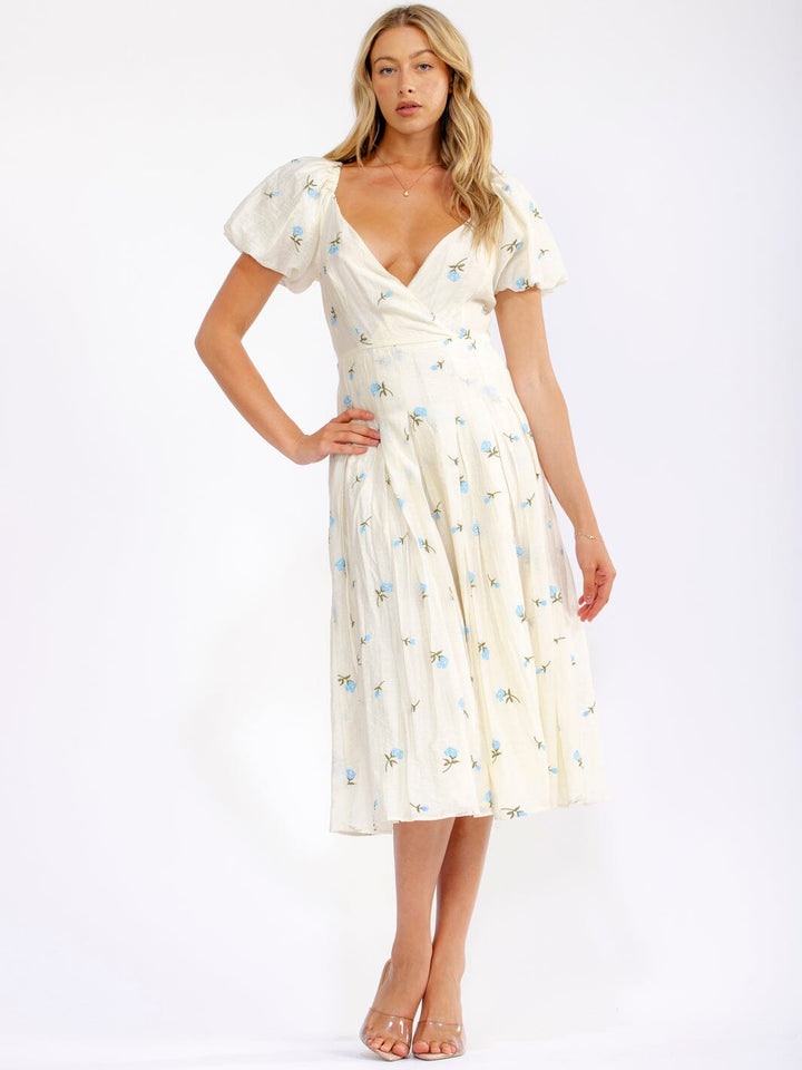 WOMEN'S SHORT PUFF SLEEVE SURPLICE SMOCK FLORAL MIDI DRESS
