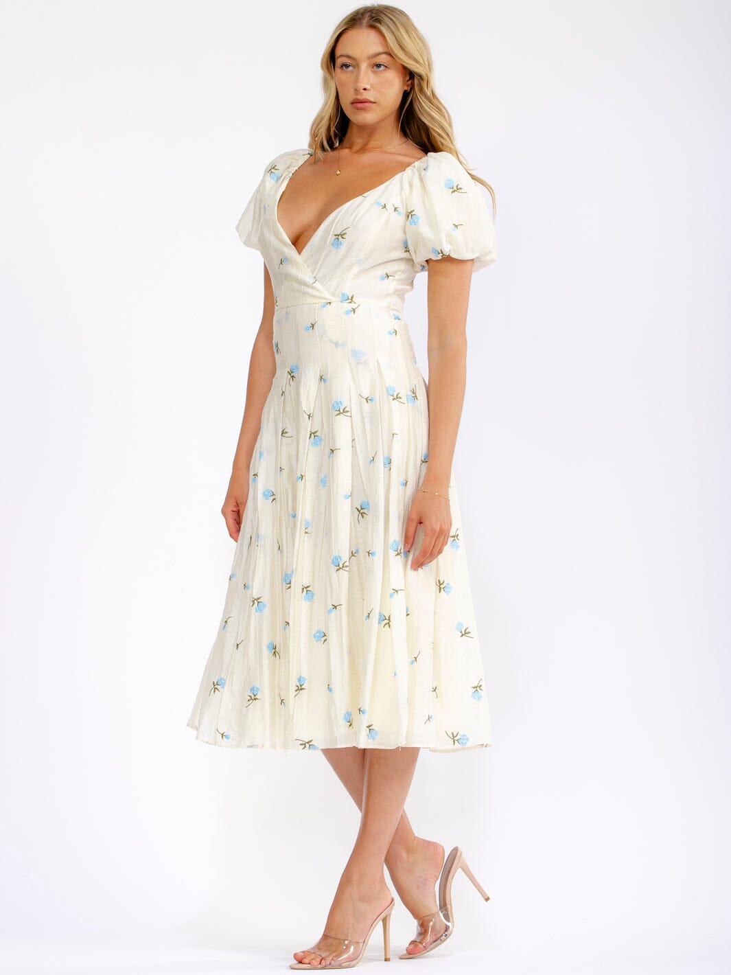 WOMEN'S SHORT PUFF SLEEVE SURPLICE SMOCK FLORAL MIDI DRESS