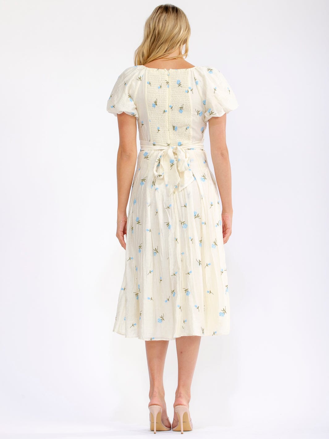 WOMEN'S SHORT PUFF SLEEVE SURPLICE SMOCK FLORAL MIDI DRESS