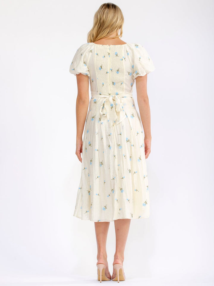 WOMEN'S SHORT PUFF SLEEVE SURPLICE SMOCK FLORAL MIDI DRESS