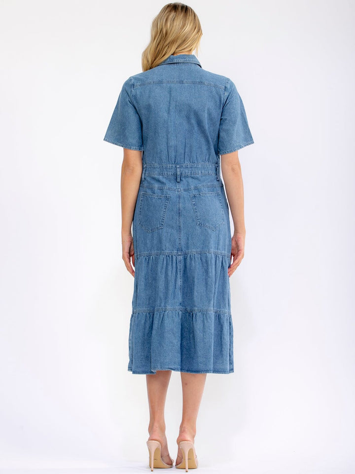 WOMEN'S SHORT SLEEVE BUTTON UP POCKETS TIERED DENIM MIDI DRESS