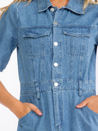 WOMEN'S SHORT SLEEVE BUTTON UP POCKETS TIERED DENIM MIDI DRESS
