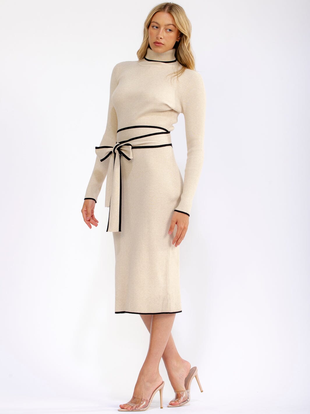 WOMEN'S LONG SLEEVE TURTLE NECK SELF TIE RIBBED MIDI DRESS