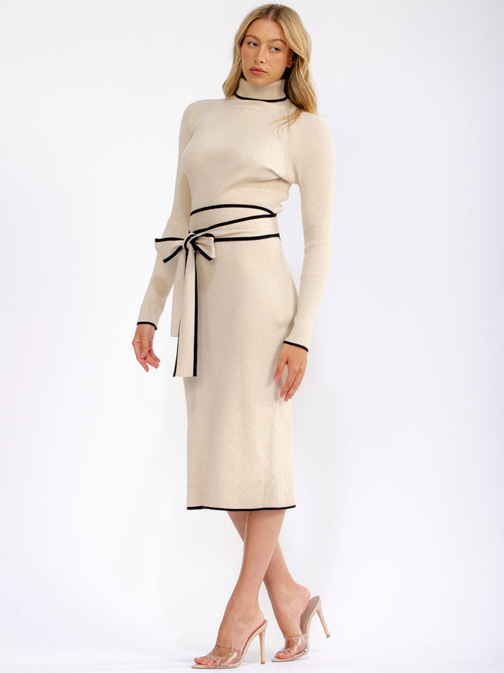 WOMEN'S LONG SLEEVE TURTLE NECK SELF TIE RIBBED MIDI DRESS