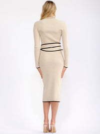 WOMEN'S LONG SLEEVE TURTLE NECK SELF TIE RIBBED MIDI DRESS