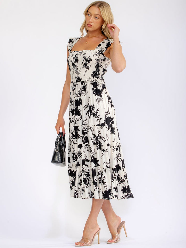 WOMEN'S SLEEVELESS SQUARE NECK SMOCK FLORAL MIDI DRESS