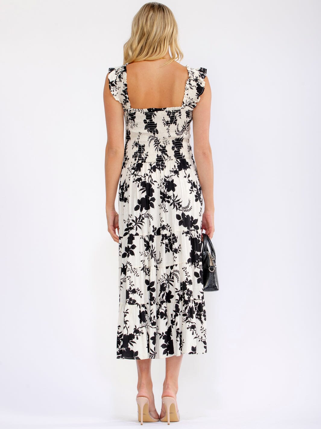WOMEN'S SLEEVELESS SQUARE NECK SMOCK FLORAL MIDI DRESS