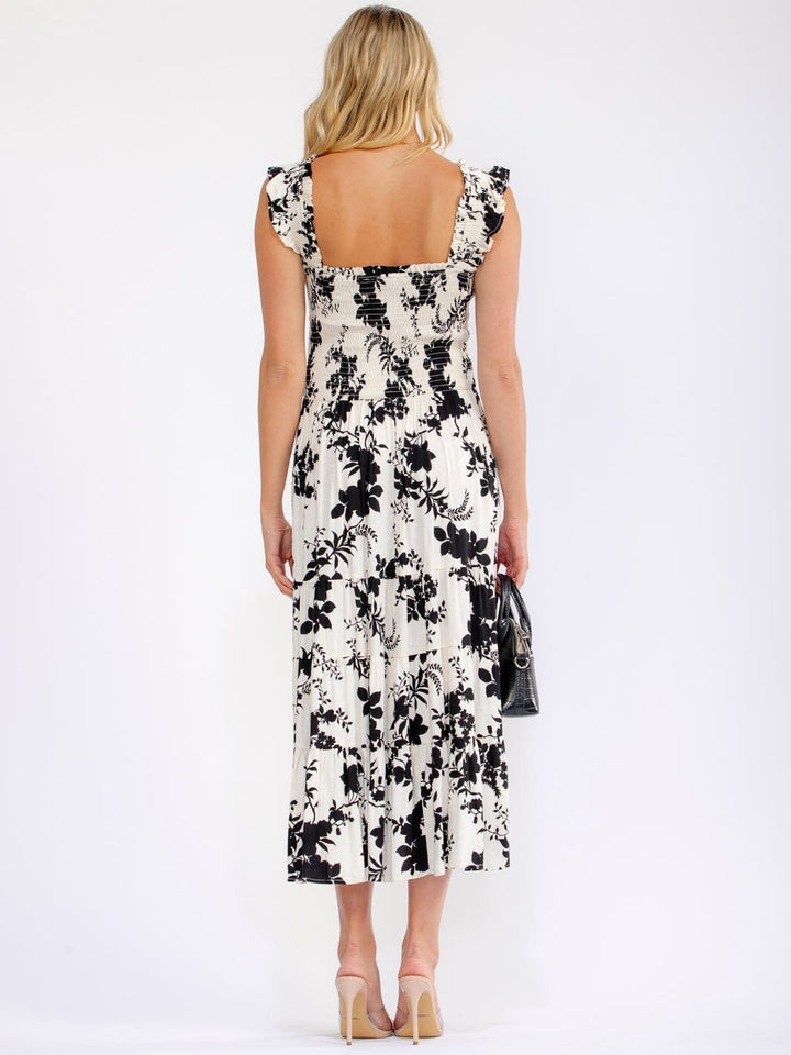 WOMEN'S SLEEVELESS SQUARE NECK SMOCK FLORAL MIDI DRESS