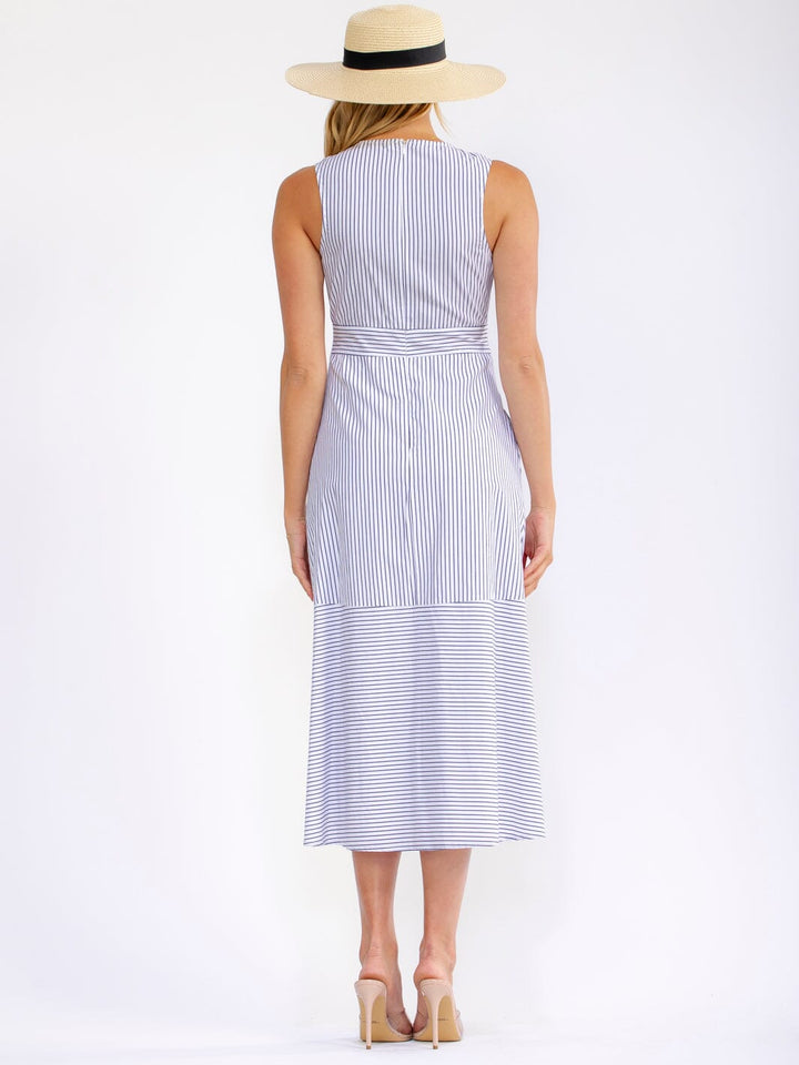 WOMEN'S SLEEVELESS V-NECK FRONT POCKETS STRIPES MIDI DRESS