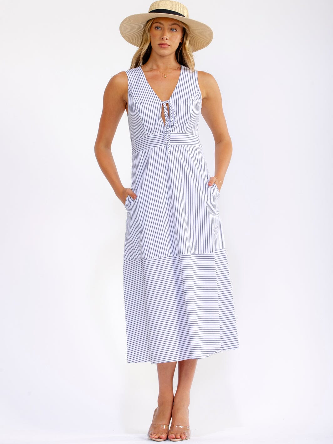 WOMEN'S SLEEVELESS V-NECK FRONT POCKETS STRIPES MIDI DRESS