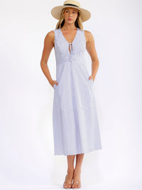 WOMEN'S SLEEVELESS V-NECK FRONT POCKETS STRIPES MIDI DRESS