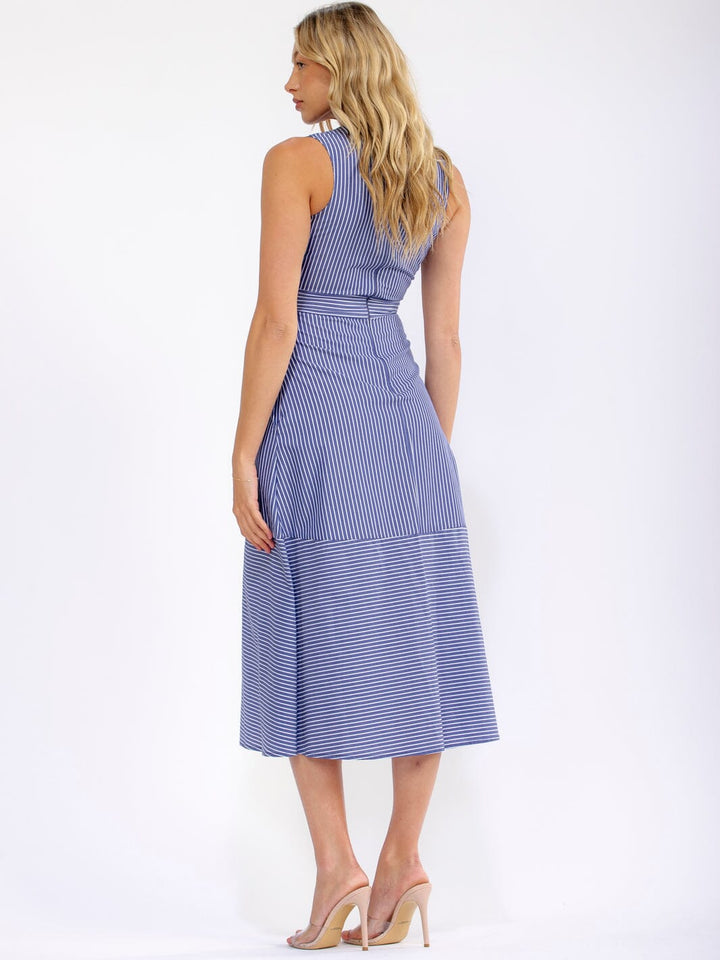 WOMEN'S SLEEVELESS V-NECK FRONT POCKETS STRIPES MIDI DRESS