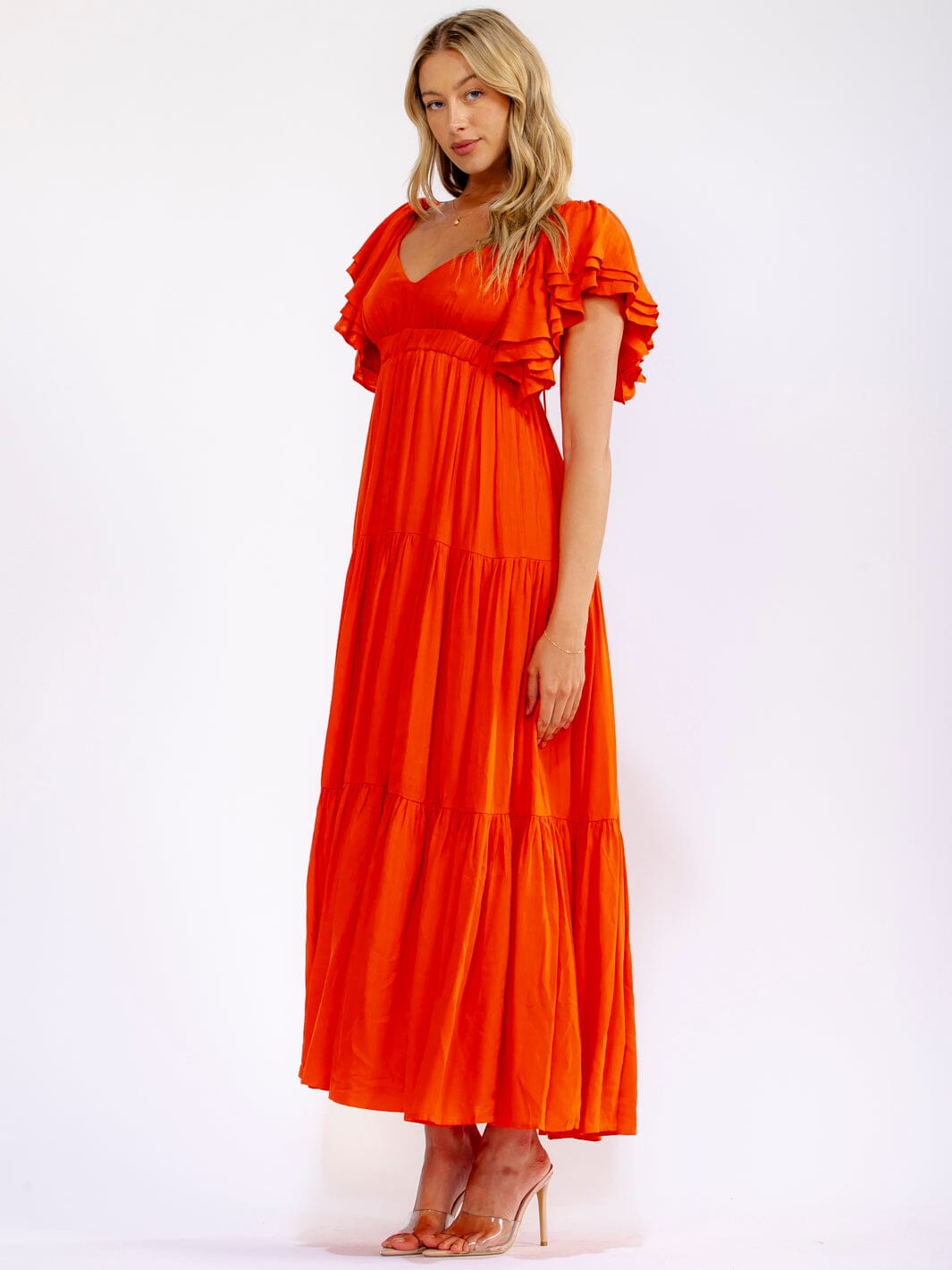 WOMEN'S SHORT SLEEVE V-NECK OPEN BACK TIERED MAXI DRESS