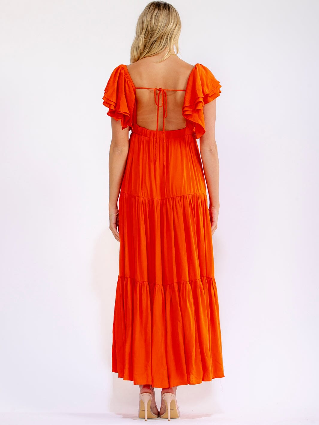 WOMEN'S SHORT SLEEVE V-NECK OPEN BACK TIERED MAXI DRESS