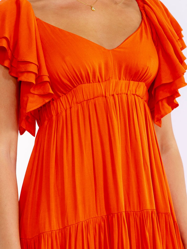 WOMEN'S SHORT SLEEVE V-NECK OPEN BACK TIERED MAXI DRESS