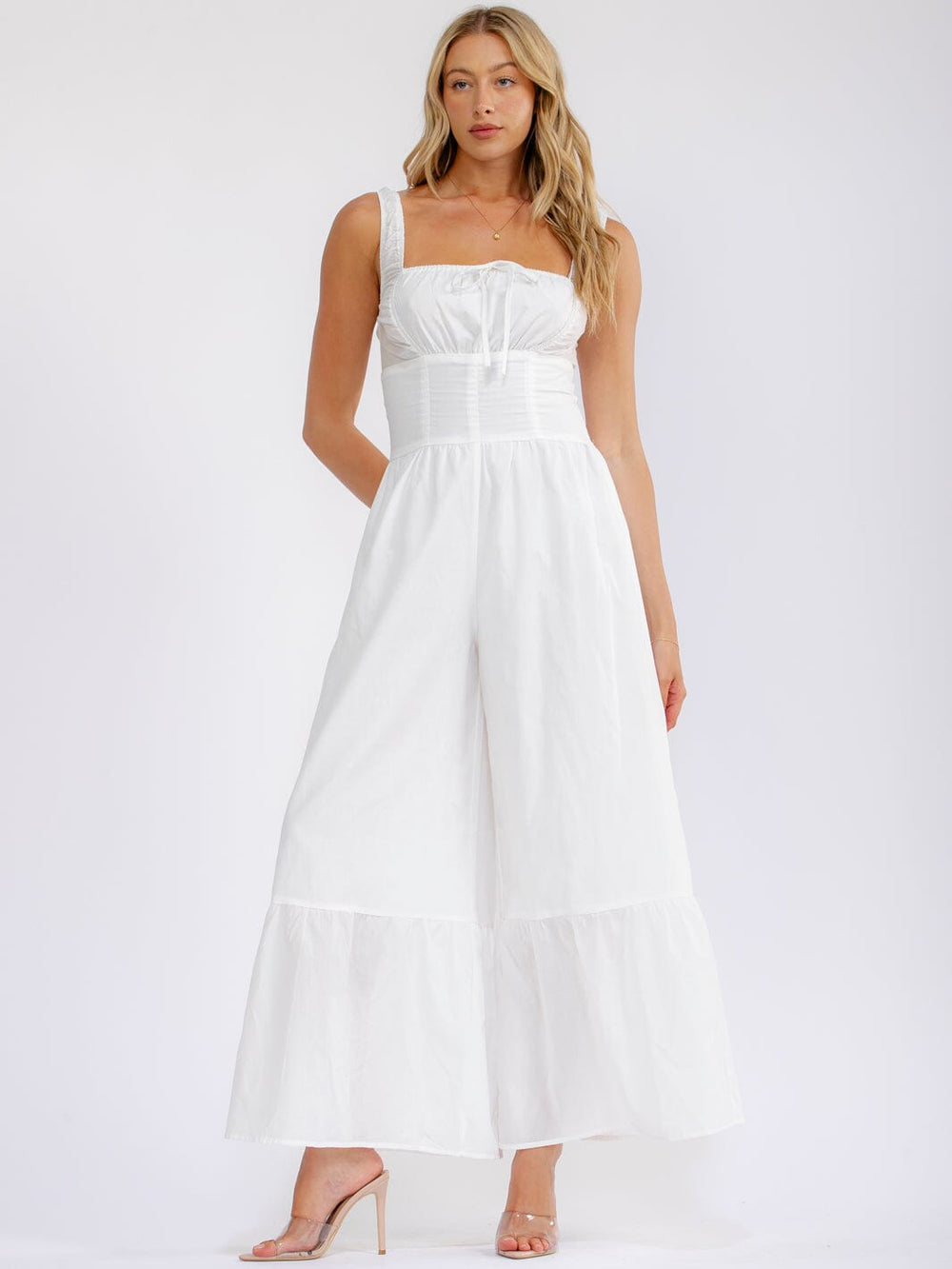WOMEN'S SLEEVELESS SQUARE NECK SMOCK TIERED WIDE LEG JUMPSUIT