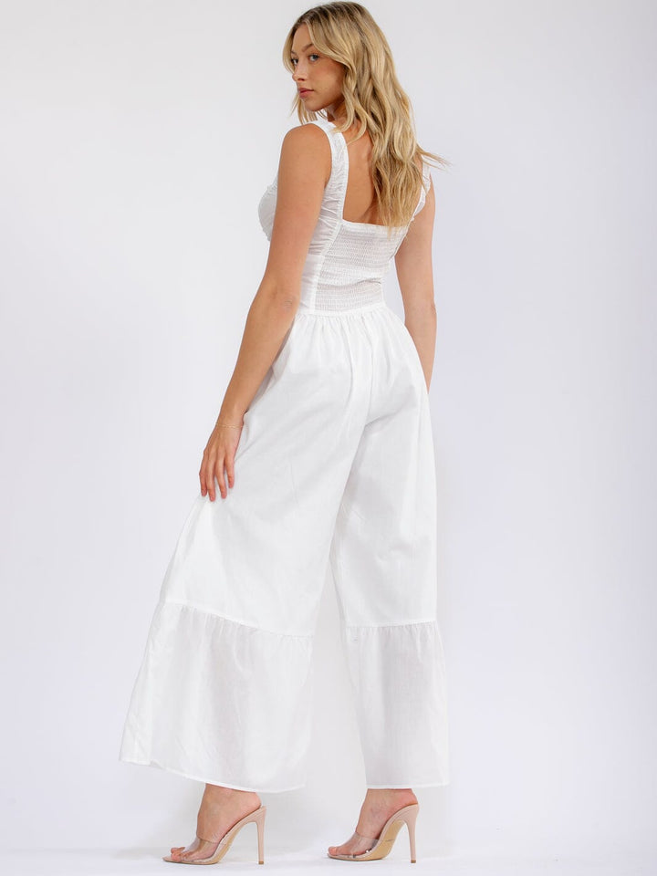 WOMEN'S SLEEVELESS SQUARE NECK SMOCK TIERED WIDE LEG JUMPSUIT