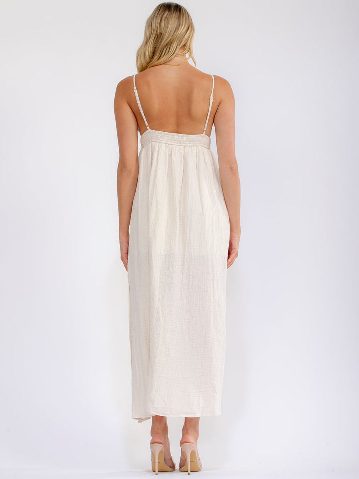 WOMEN'S SLEEVELESS V-NECK ELASTIC WAIST OPEN BACK CROCHET MAXI DRESS