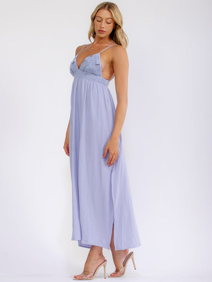 WOMEN'S SLEEVELESS V-NECK ELASTIC WAIST OPEN BACK CROCHET MAXI DRESS