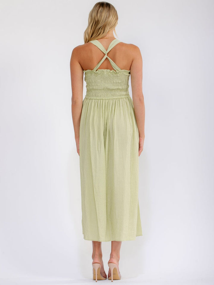 WOMEN'S SLEEVELESS SQUARE NECK SMOCK FRONT POCKETS MAXI DRESS