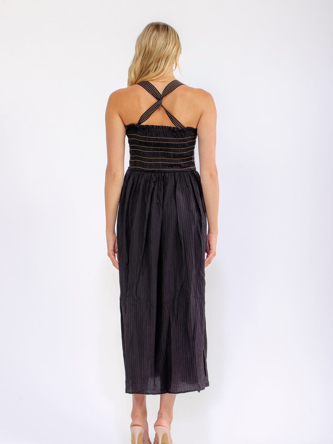 WOMEN'S SLEEVELESS SQUARE NECK SMOCK FRONT POCKETS MAXI DRESS