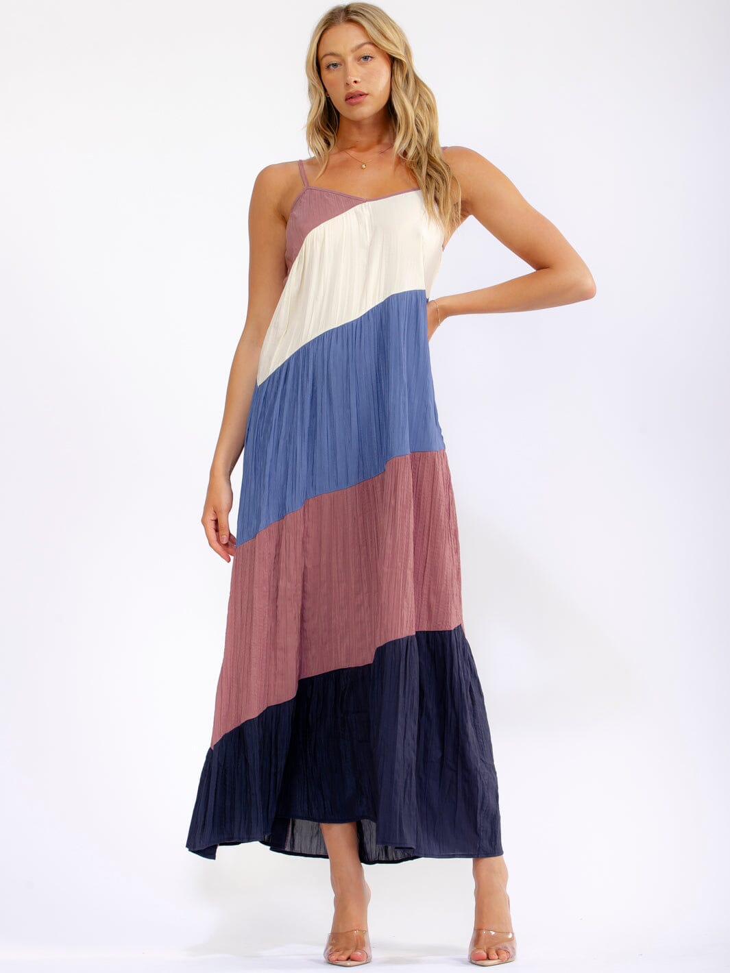 WOMEN'S SLEEVELESS OPEN BACK TIERED COLORBLOCK MAXI DRESS