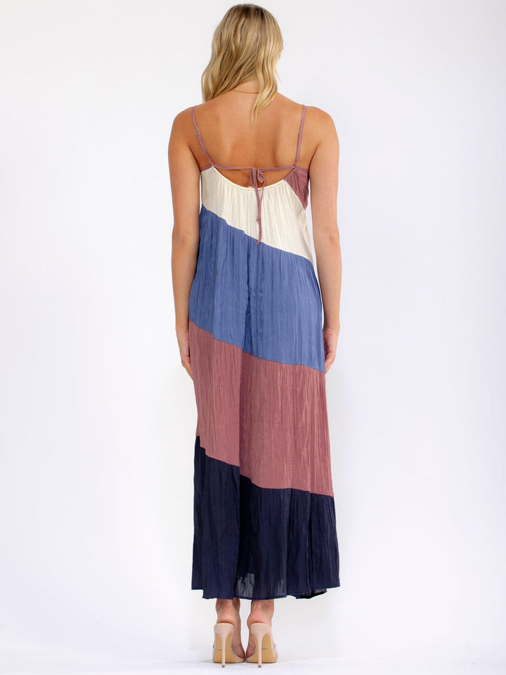 WOMEN'S SLEEVELESS OPEN BACK TIERED COLORBLOCK MAXI DRESS