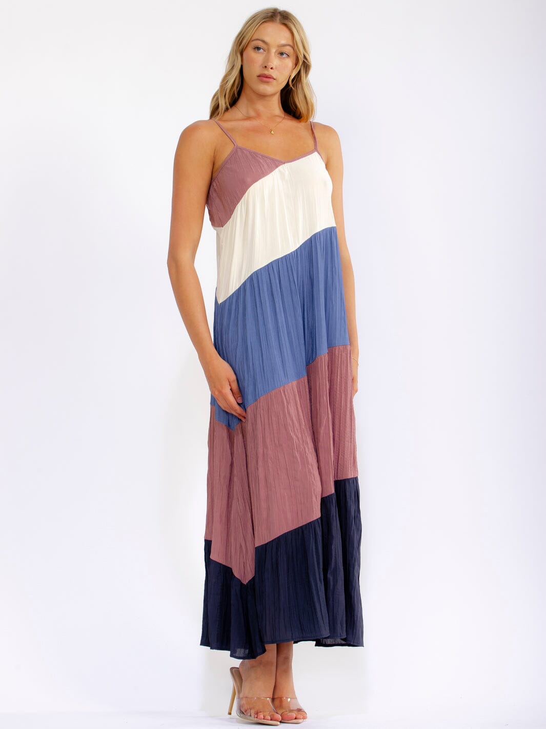 WOMEN'S SLEEVELESS OPEN BACK TIERED COLORBLOCK MAXI DRESS