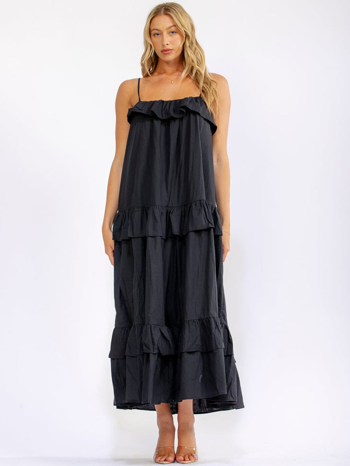 WOMEN'S SLEEVELESS OPEN BACK RUFFLE TIERED LOOSE FIT MAXI DRESS