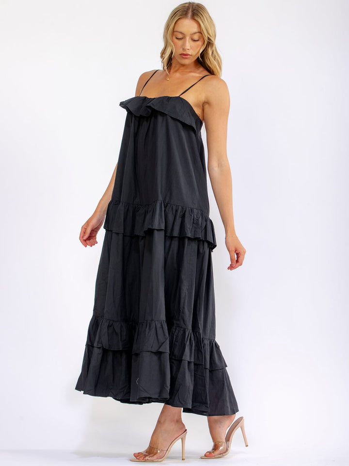 WOMEN'S SLEEVELESS OPEN BACK RUFFLE TIERED LOOSE FIT MAXI DRESS