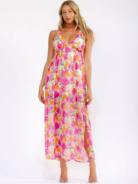 WOMEN'S SLEEVELESS V-NECK OPEN BACK FLORAL MAXI DRESS
