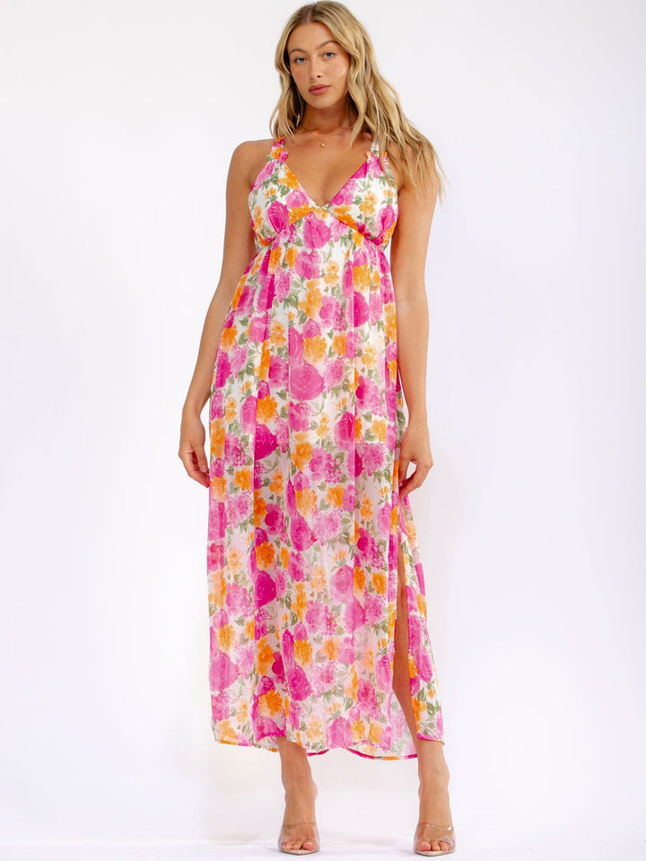 WOMEN'S SLEEVELESS V-NECK OPEN BACK FLORAL MAXI DRESS