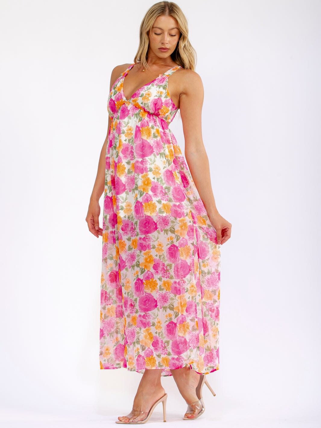 WOMEN'S SLEEVELESS V-NECK OPEN BACK FLORAL MAXI DRESS