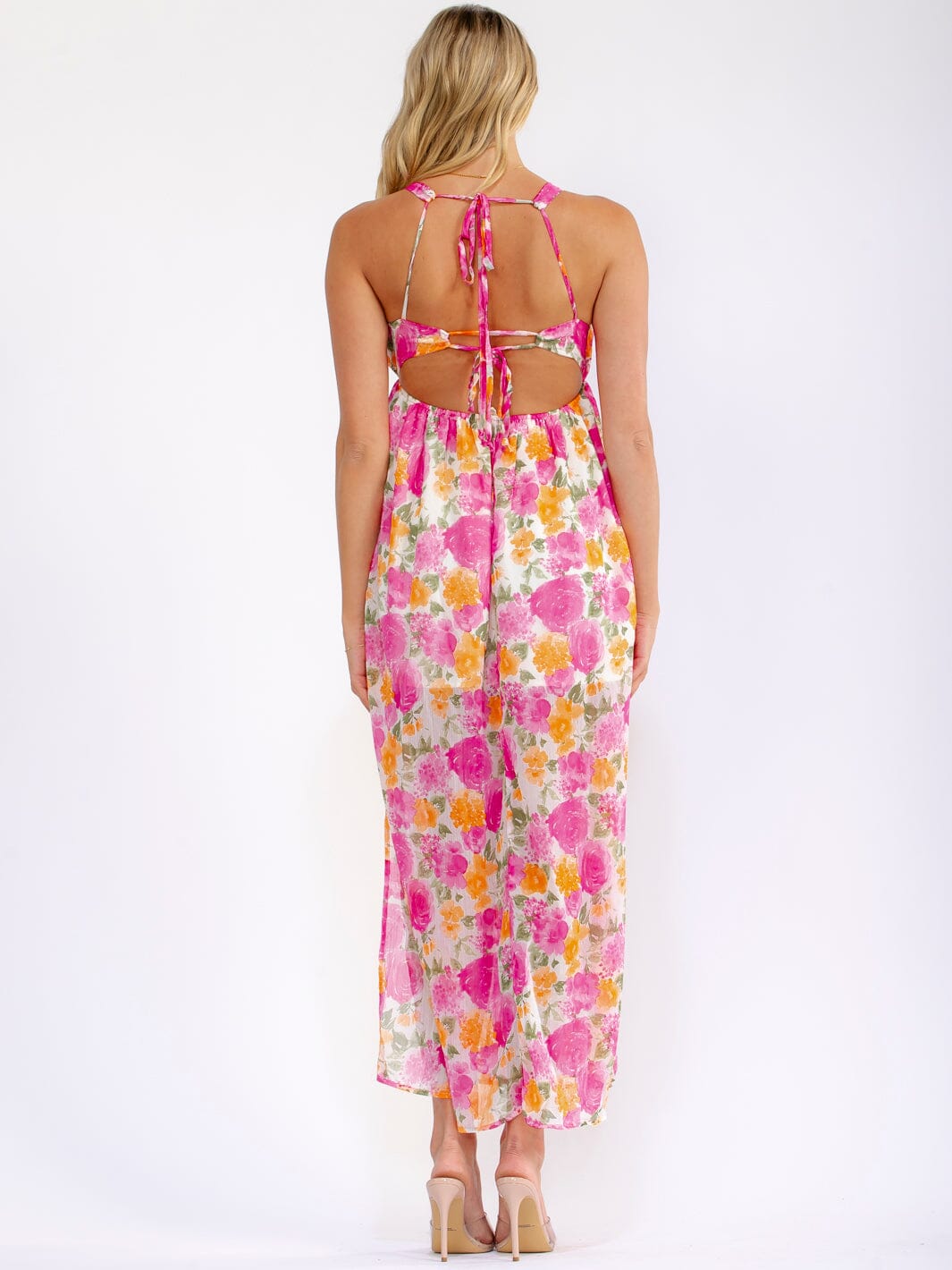 WOMEN'S SLEEVELESS V-NECK OPEN BACK FLORAL MAXI DRESS