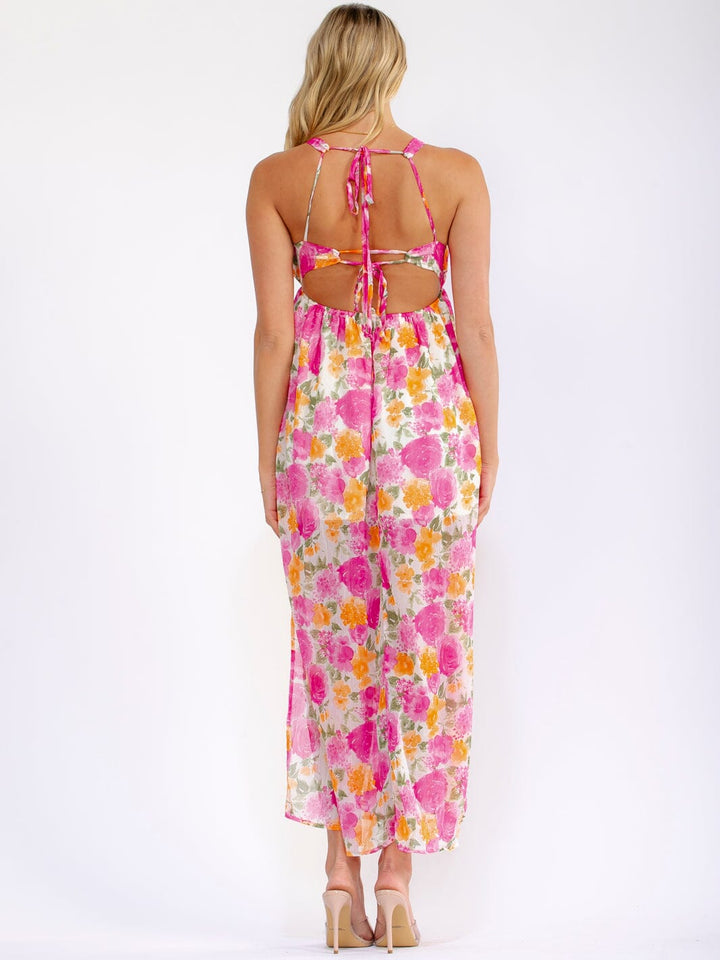 WOMEN'S SLEEVELESS V-NECK OPEN BACK FLORAL MAXI DRESS