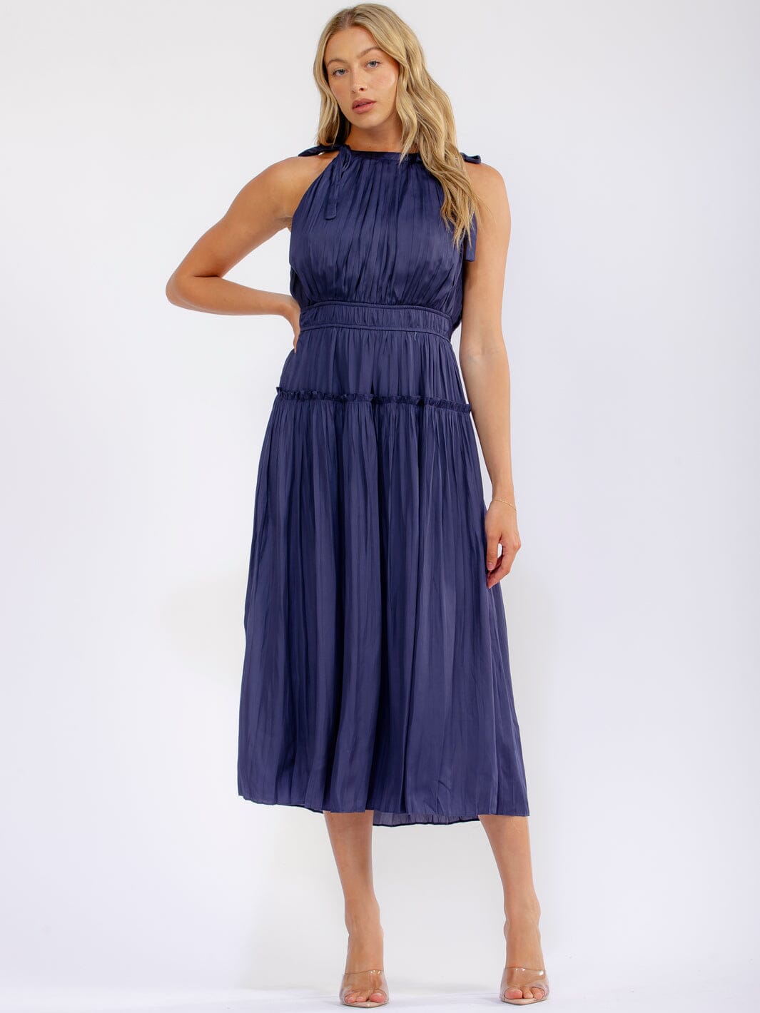 WOMEN'S SLEEVELESS HALTER NECK ELASTIC WAIST TIERED MAXI DRESS