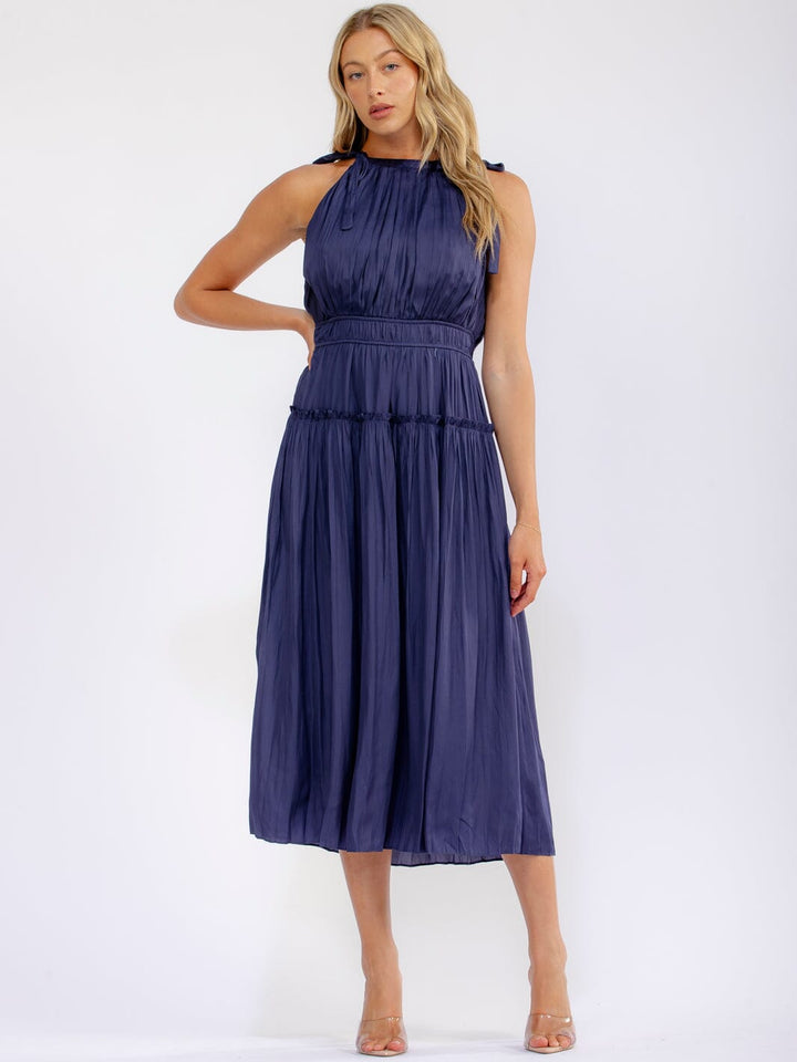 WOMEN'S SLEEVELESS HALTER NECK ELASTIC WAIST TIERED MAXI DRESS