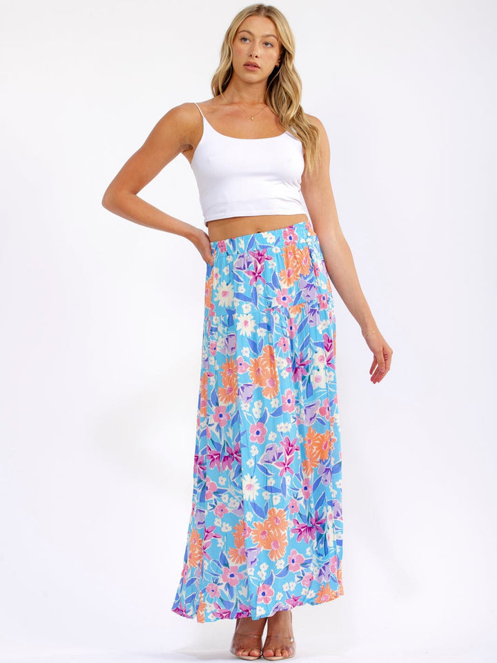 WOMEN'S ELASTIC WAIST TIERED FLORAL MAXI SKIRT