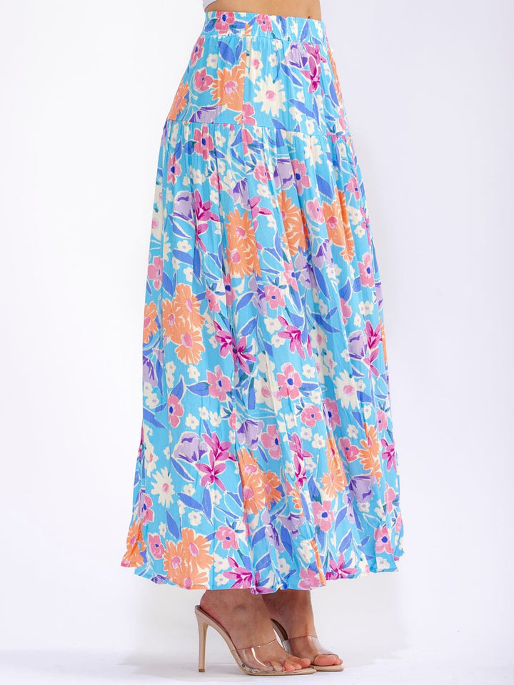 WOMEN'S ELASTIC WAIST TIERED FLORAL MAXI SKIRT