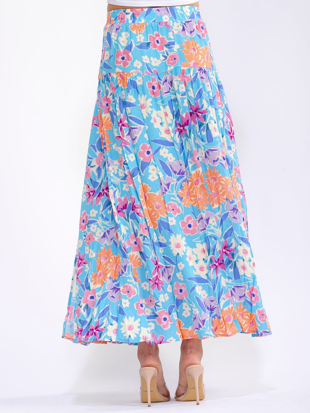WOMEN'S ELASTIC WAIST TIERED FLORAL MAXI SKIRT